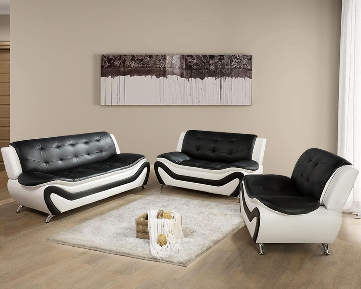 Vegan Leather Sofa Set 3 Piece Living Room Furniture White and Black