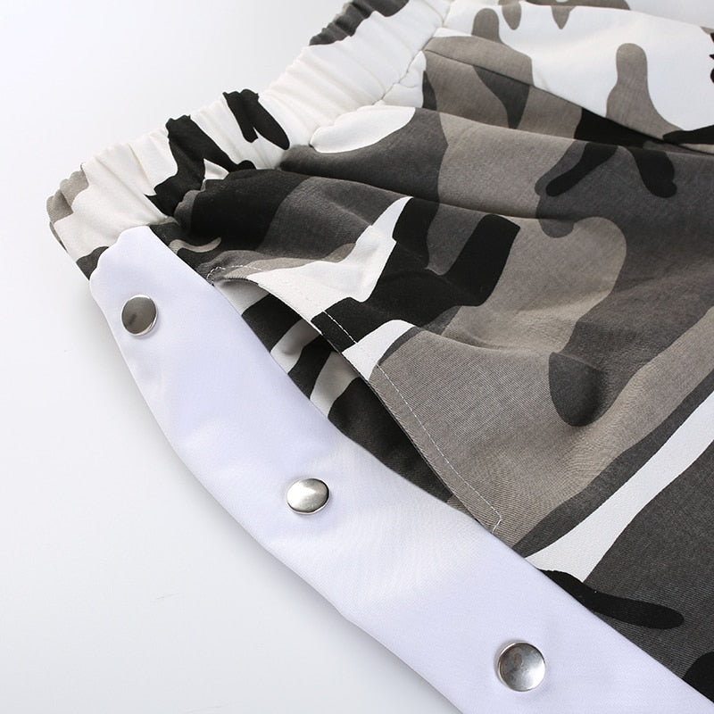 Camo Print High-Waisted Side Button Cuffed Pants