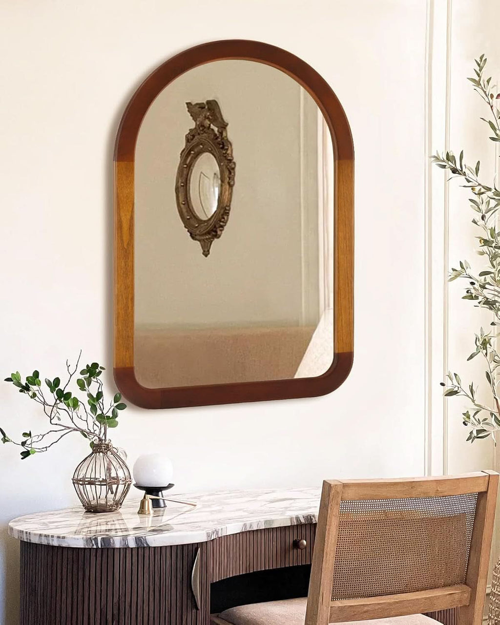 Arched Mirror 24x36 Walnut Brown Wood Frame Wall Mounted-1