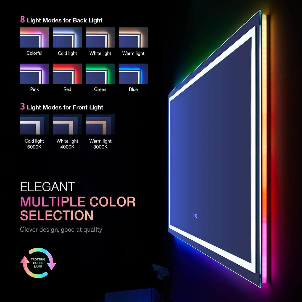 60x30 Inch RGB Dimmable LED Vanity Mirror Anti Fog Back lit-2