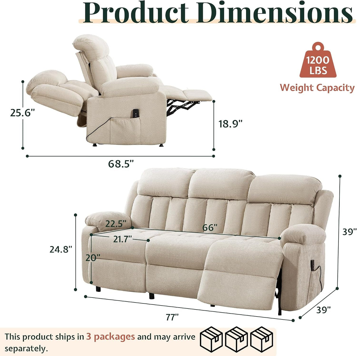 Contemporary Beige 77 Inches Power Reclining Sofa