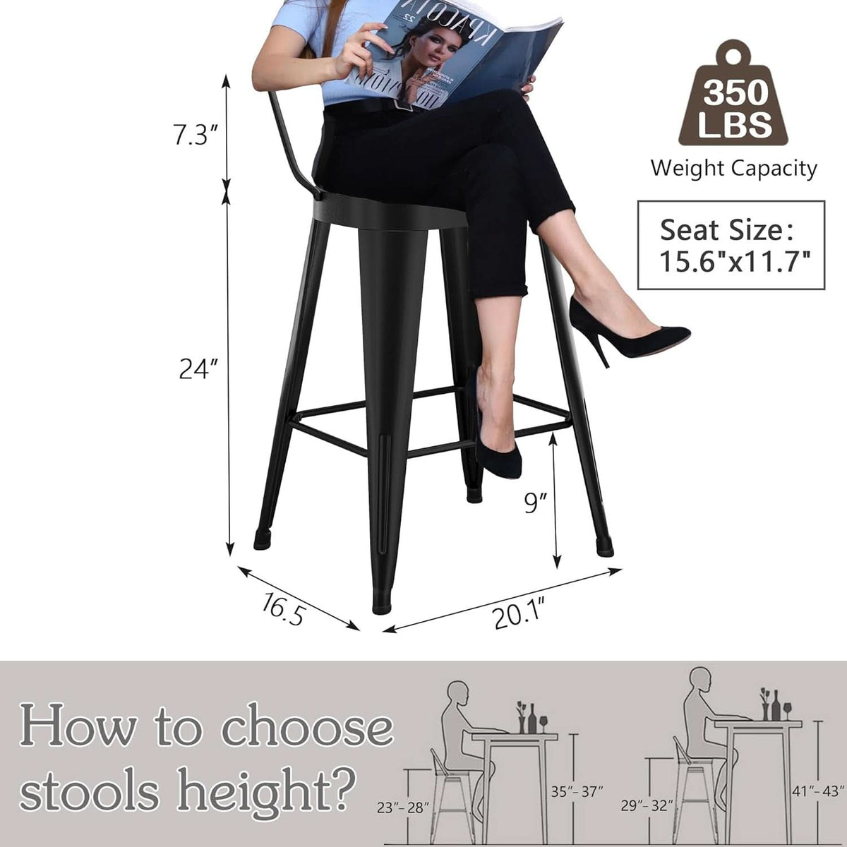 24 Inch Black Outdoor Metal Bar Stools Set of 4 Counter Height Large Ergonomic Seats-2