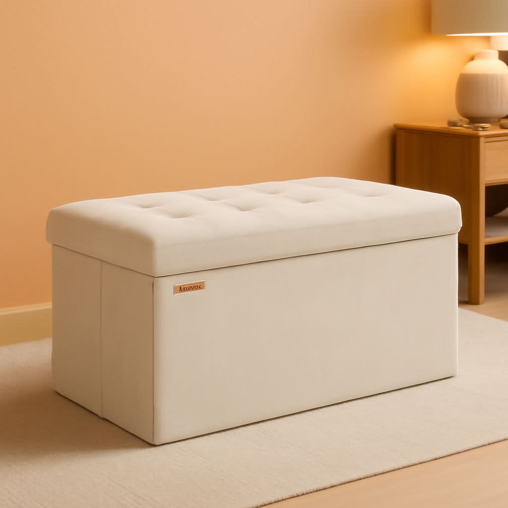 Cream White Foldable Storage Ottoman Bench 15x30x15-0