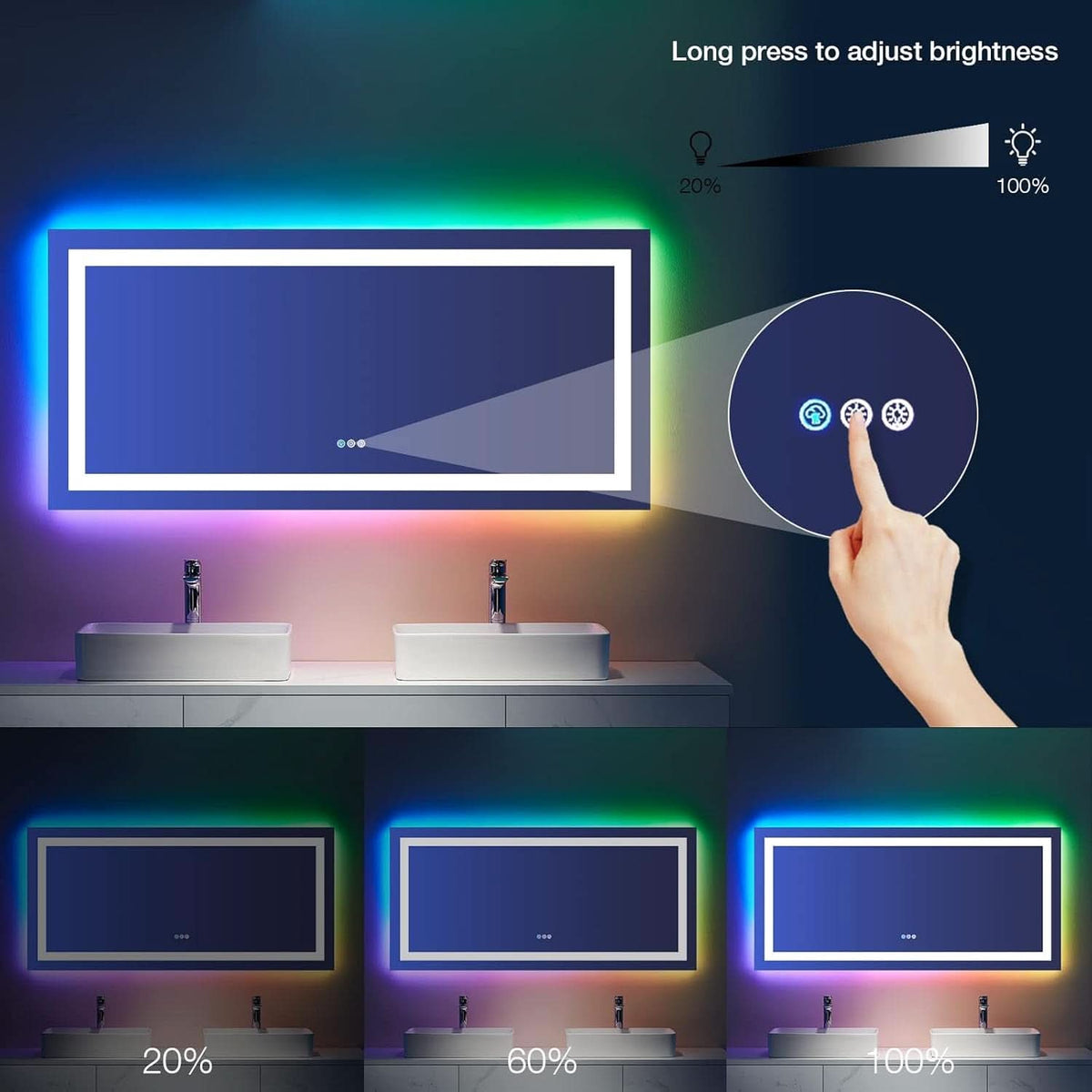 60x30 Inch RGB Dimmable LED Vanity Mirror Anti Fog Back lit-3