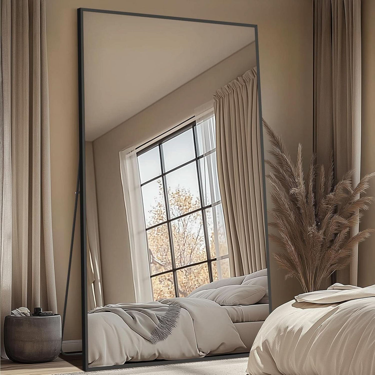 82x44Inches Full Length Arched Frame Floor Mirror Black-1