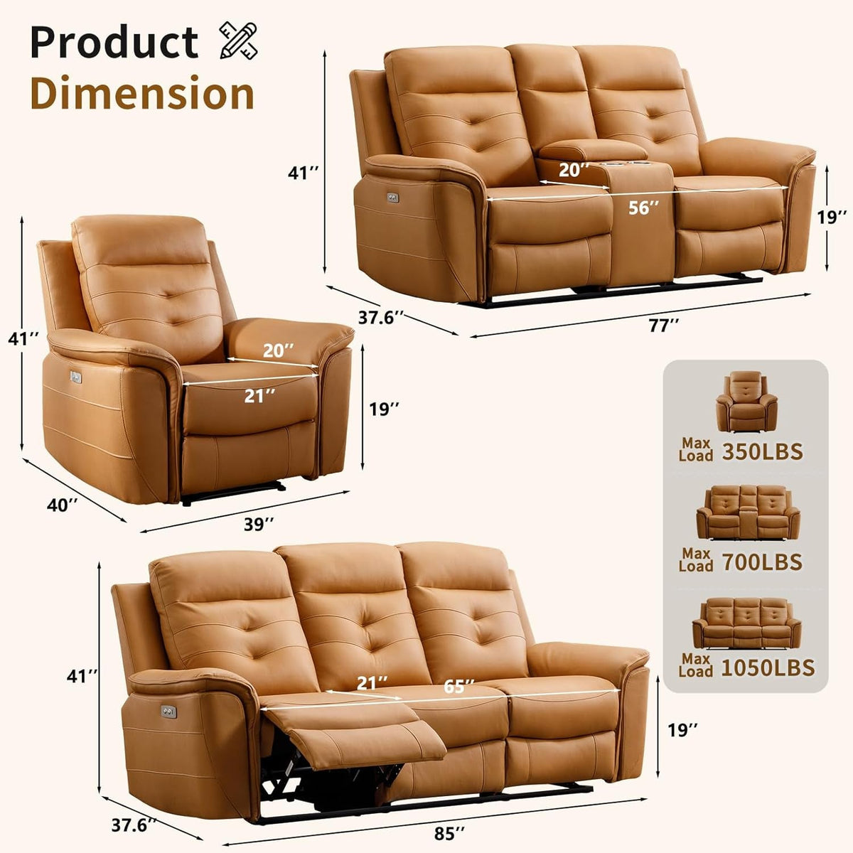 Bright Yellow Power Recliner Sofa Set Charging Port