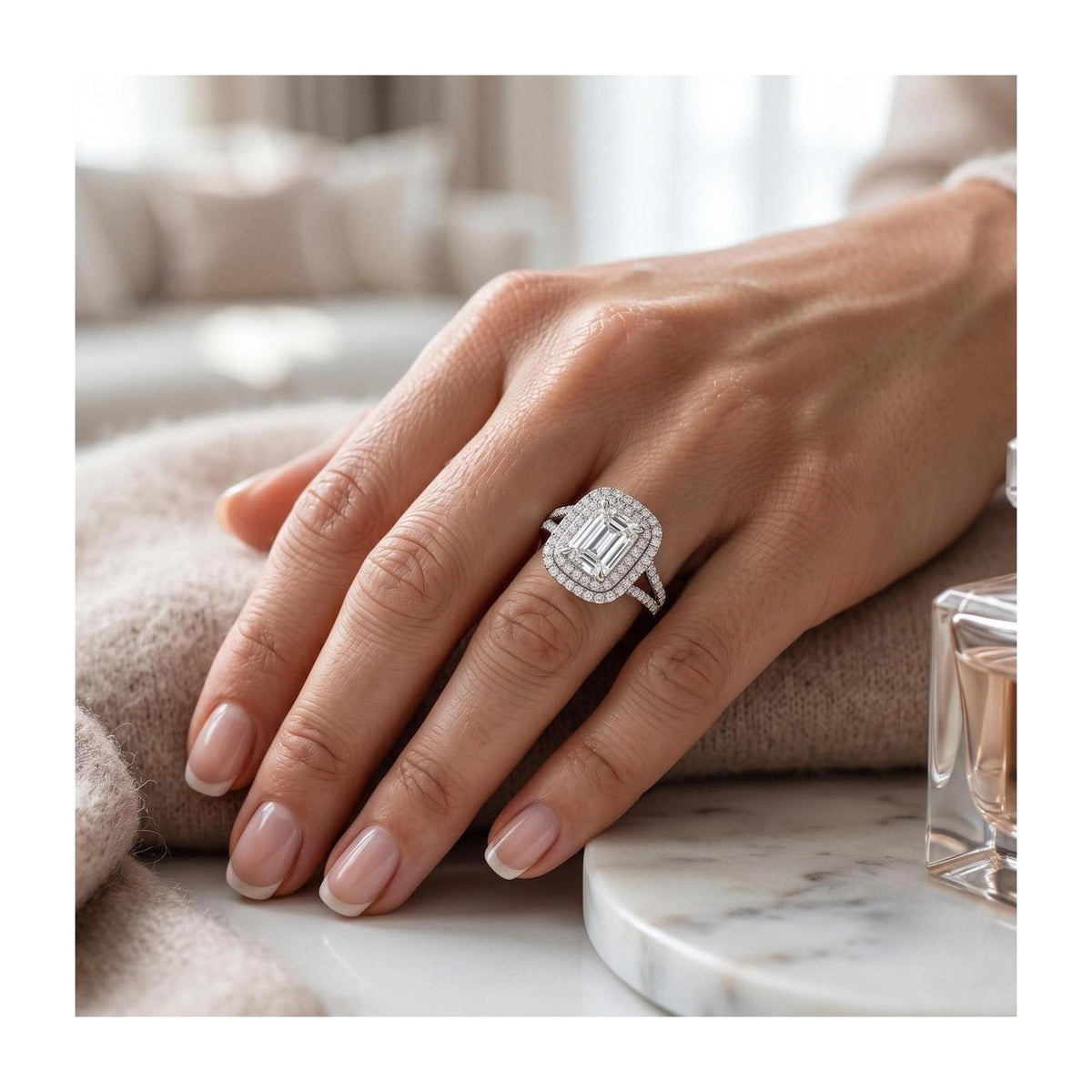 Certified 4.50 CTW Emerald Cut Moissanite Double Halo Split Shank Engagement Ring 14K Over .925-3