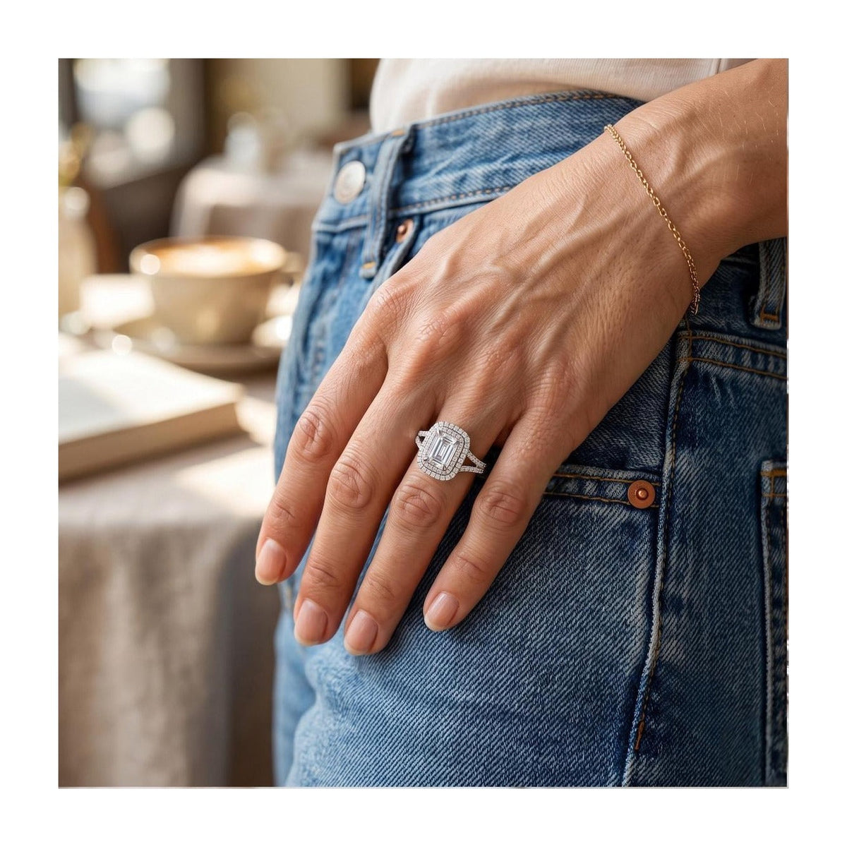 Certified 4.50 CTW Emerald Cut Moissanite Double Halo Split Shank Engagement Ring 14K Over .925-4