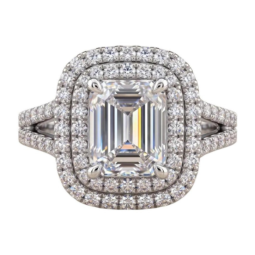 Certified 4.50 CTW Emerald Cut Moissanite Double Halo Split Shank Engagement Ring 14K Over .925-0