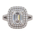 Certified 4.50 CTW Emerald Cut Moissanite Double Halo Split Shank Engagement Ring 14K Over .925-0