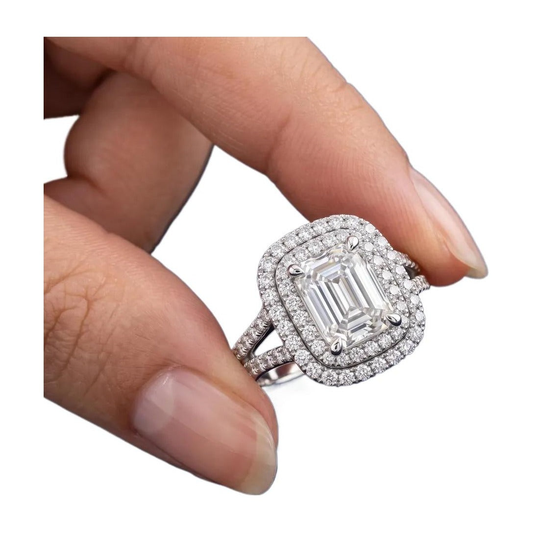 Certified 4.50 CTW Emerald Cut Moissanite Double Halo Split Shank Engagement Ring 14K Over .925-2