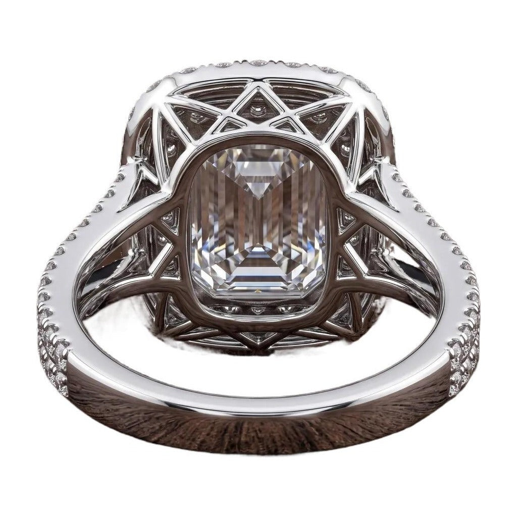 Certified 4.50 CTW Emerald Cut Moissanite Double Halo Split Shank Engagement Ring 14K Over .925-1