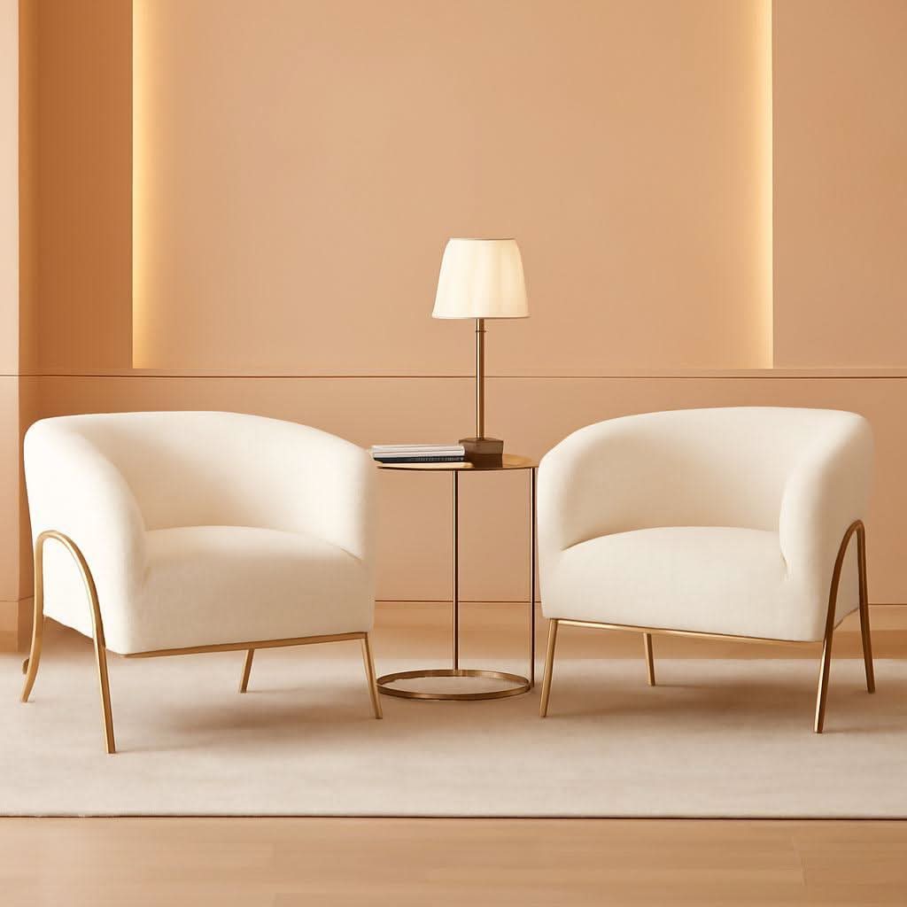 Ivory Boucle Accent Chairs Set Of 2 With Gold Legs-0