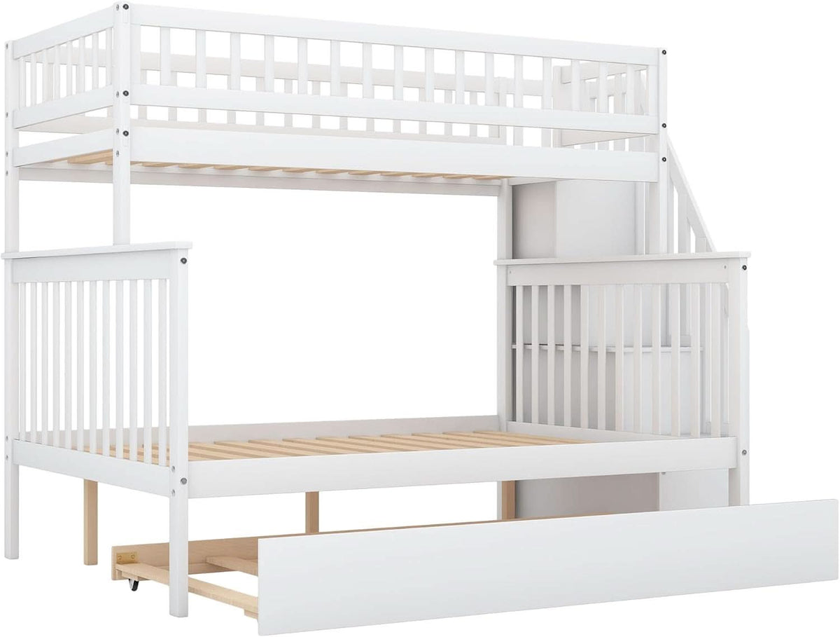 Twin Over Full Bunk Bed With Stairs And Trundle White Wood-4