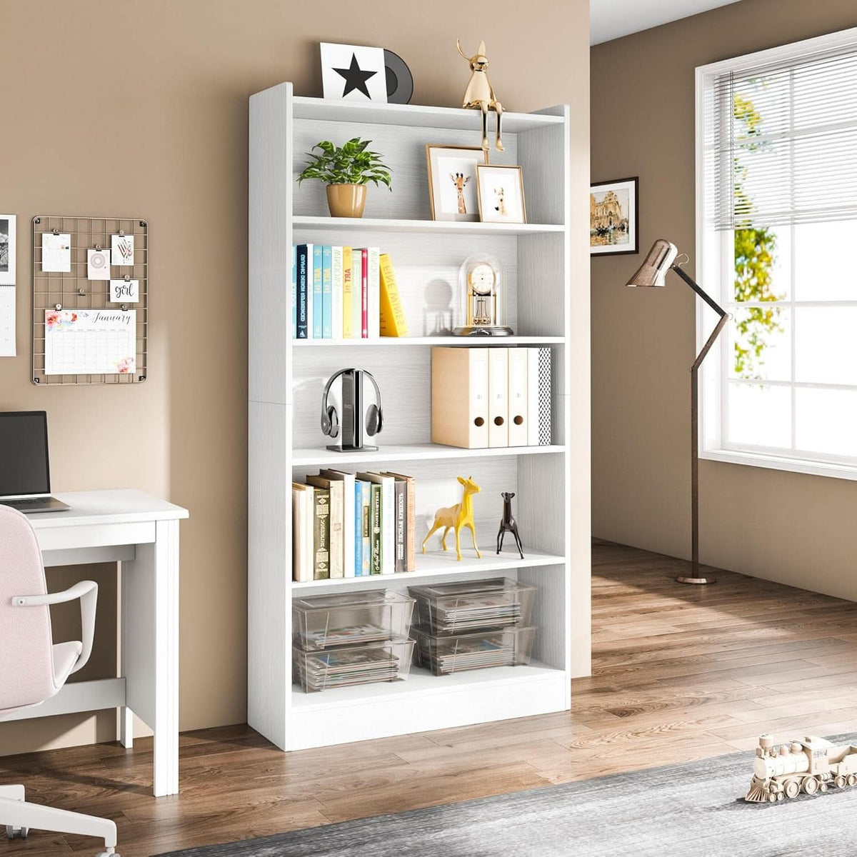 Tall White Six Tier Bookcase 72 Inches Contemporary Wood-2