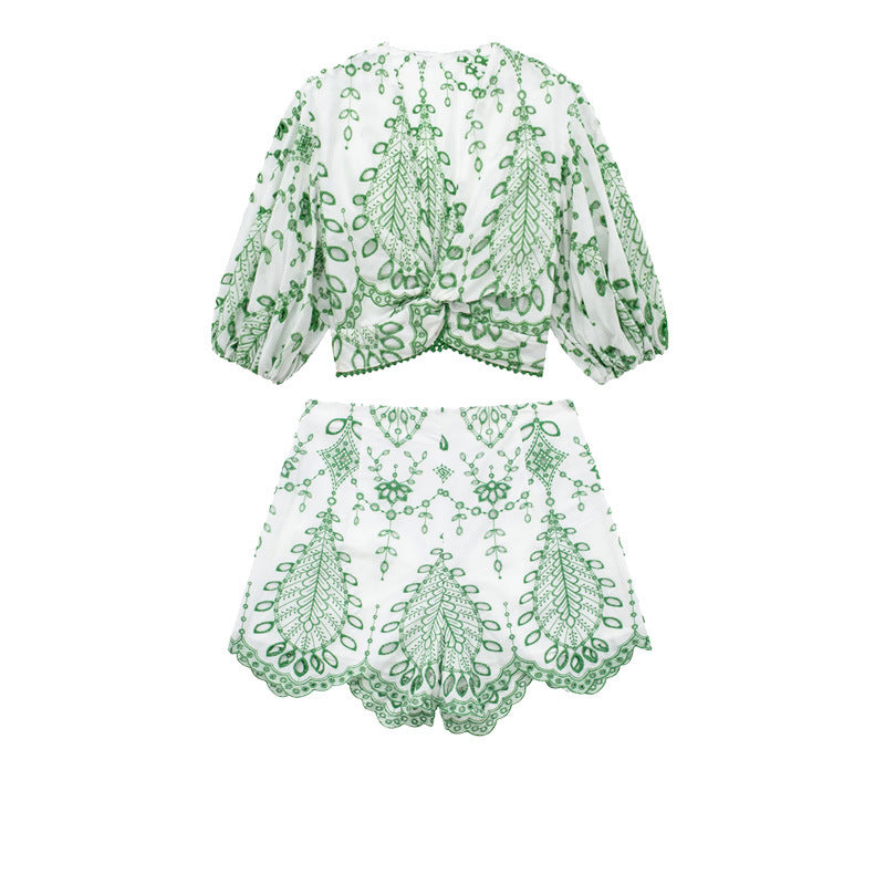 Embroidered V-Neck Crop Top and High-Waist Shorts