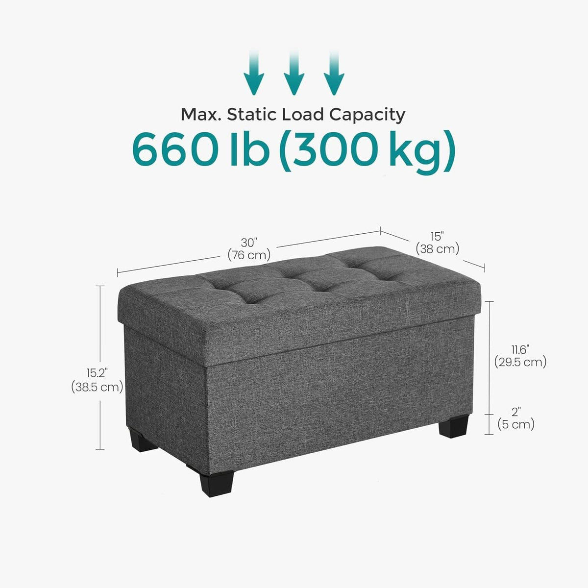 Slate Gray Storage Ottoman Bench 15x30x15.2 Inches-2
