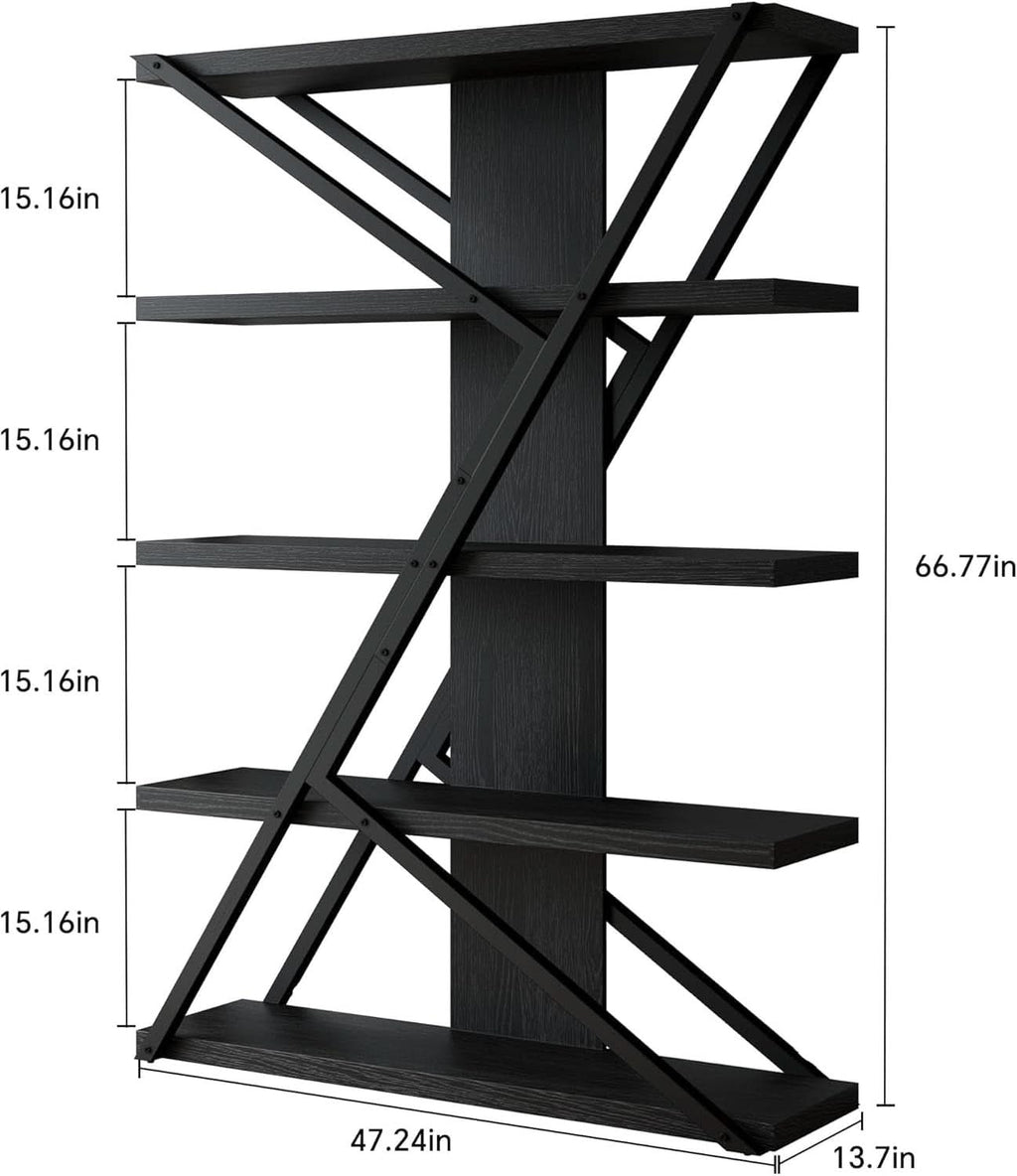 Industrial Book shelf Five Tier Solid Oak Wood Metal-1