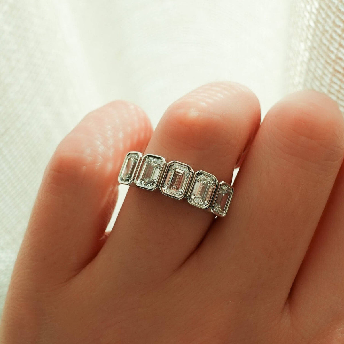 AGI Certified 3.50 CTW Emerald Cut Five Stone Bezel Set Lab Grown Diamond Band 14k Gold-2