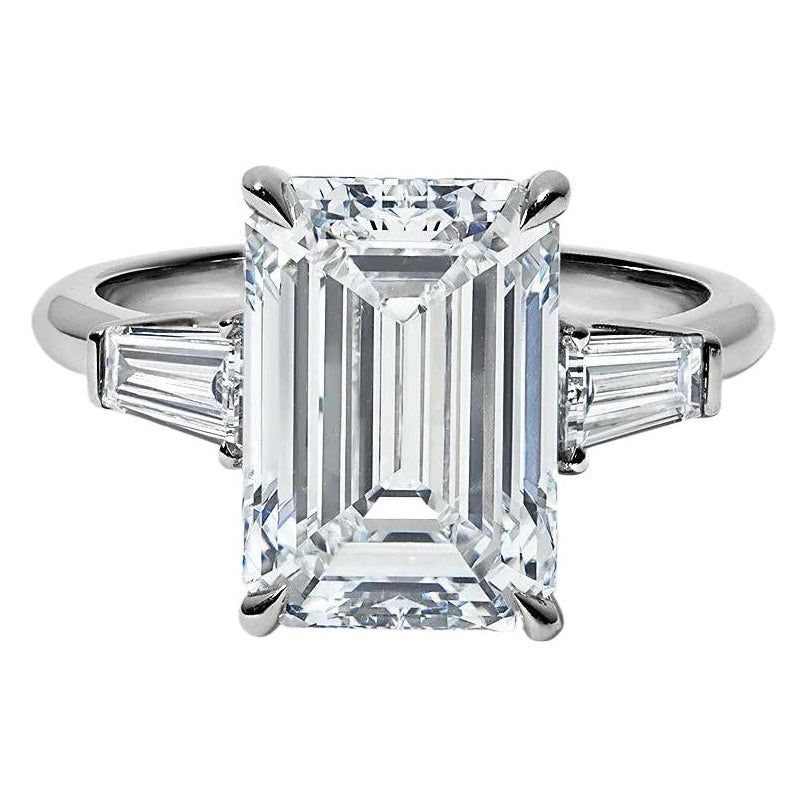 5.50 CTW IGI Certified F/VS Lab Grown Emerald Cut Diamond Ring with Tapered Baguettes in 14K White Gold-0