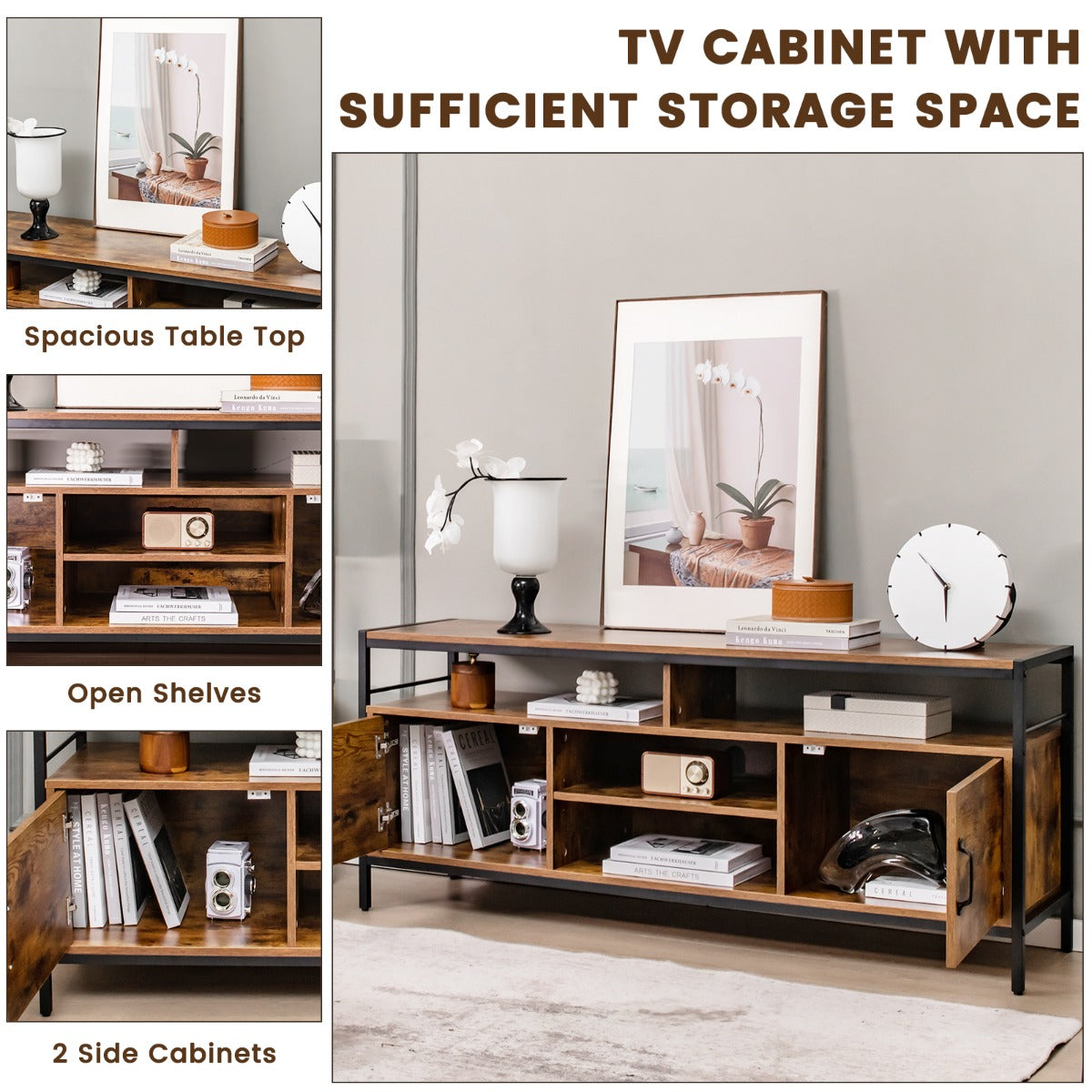 NNECW Home TV Cabinet with Storage Side Cabinets & Adjustable Shelf-4