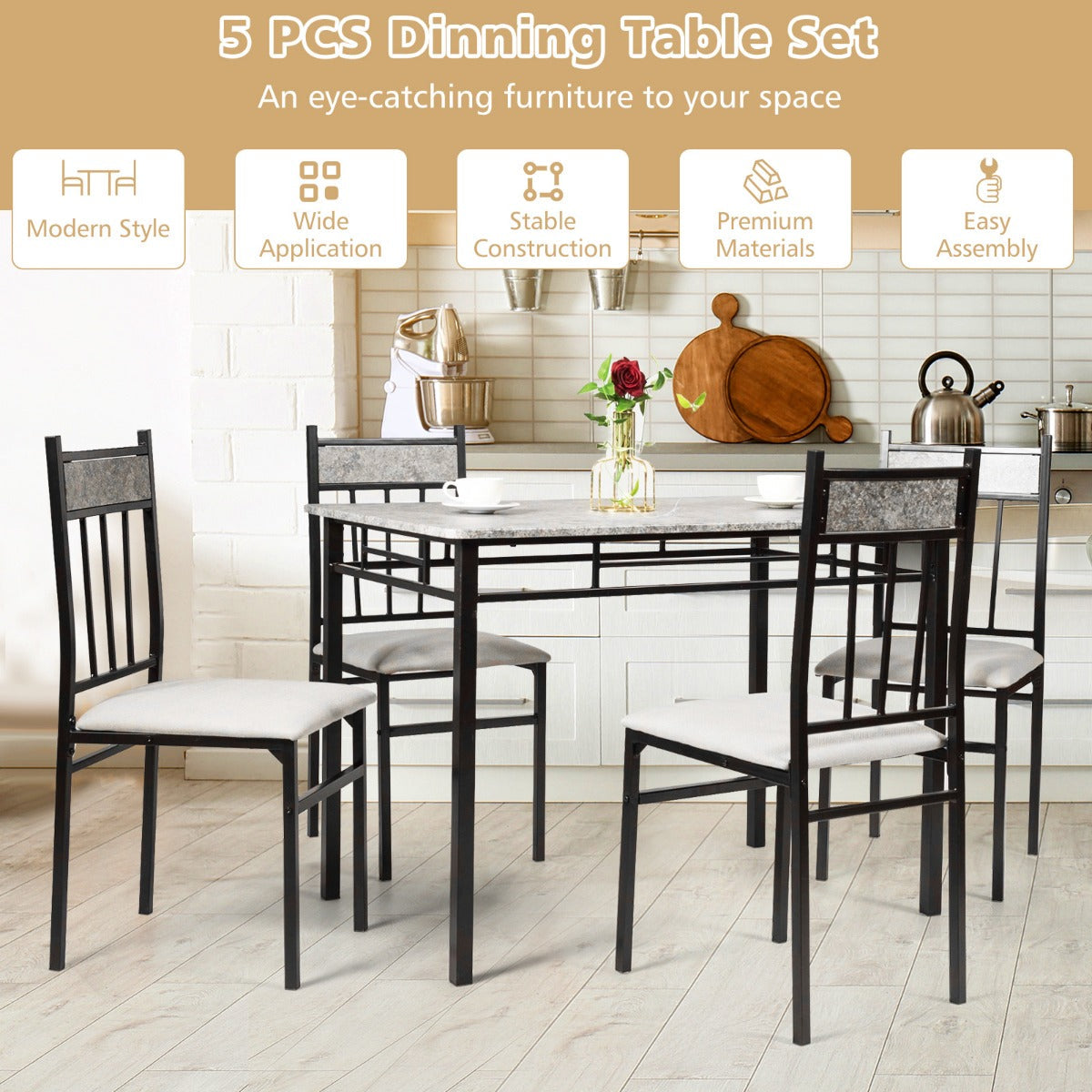 NNECW 5-Piece Dining Table Set with 4 High Back Chairs & 1 Rectangular Table-2