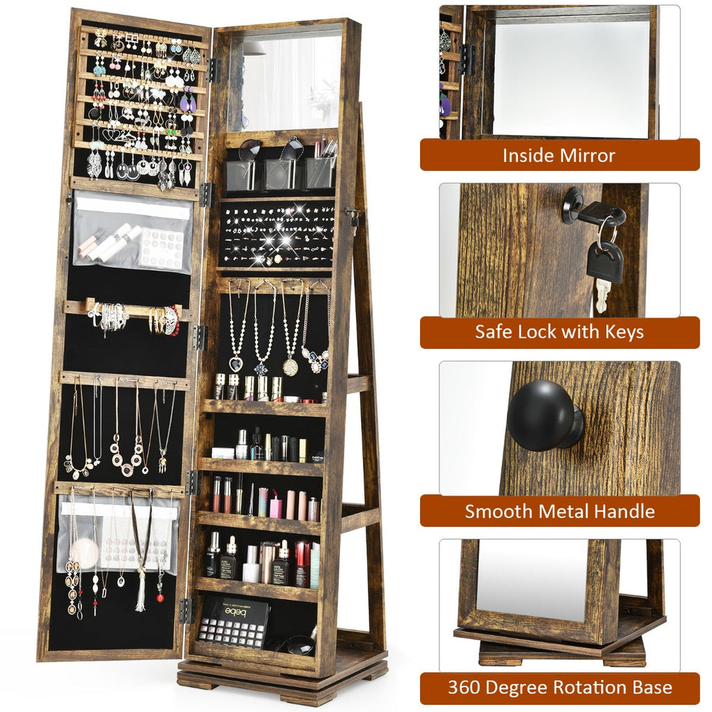 NNECW Full Length Mirrored Jewellery Cabinet Rotates 360° with Open Display Shelves-Coffee-4