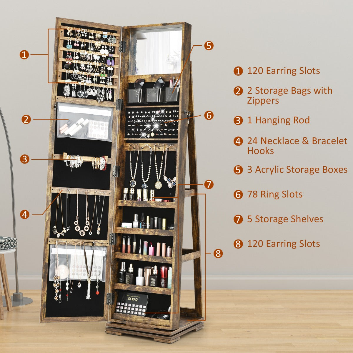 NNECW Full Length Mirrored Jewellery Cabinet Rotates 360° with Open Display Shelves-Coffee-2