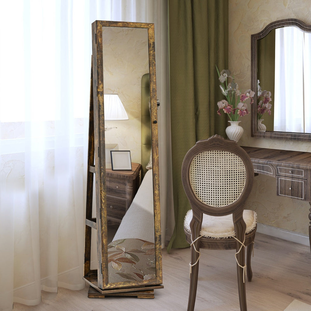 NNECW Full Length Mirrored Jewellery Cabinet Rotates 360° with Open Display Shelves-Coffee-3