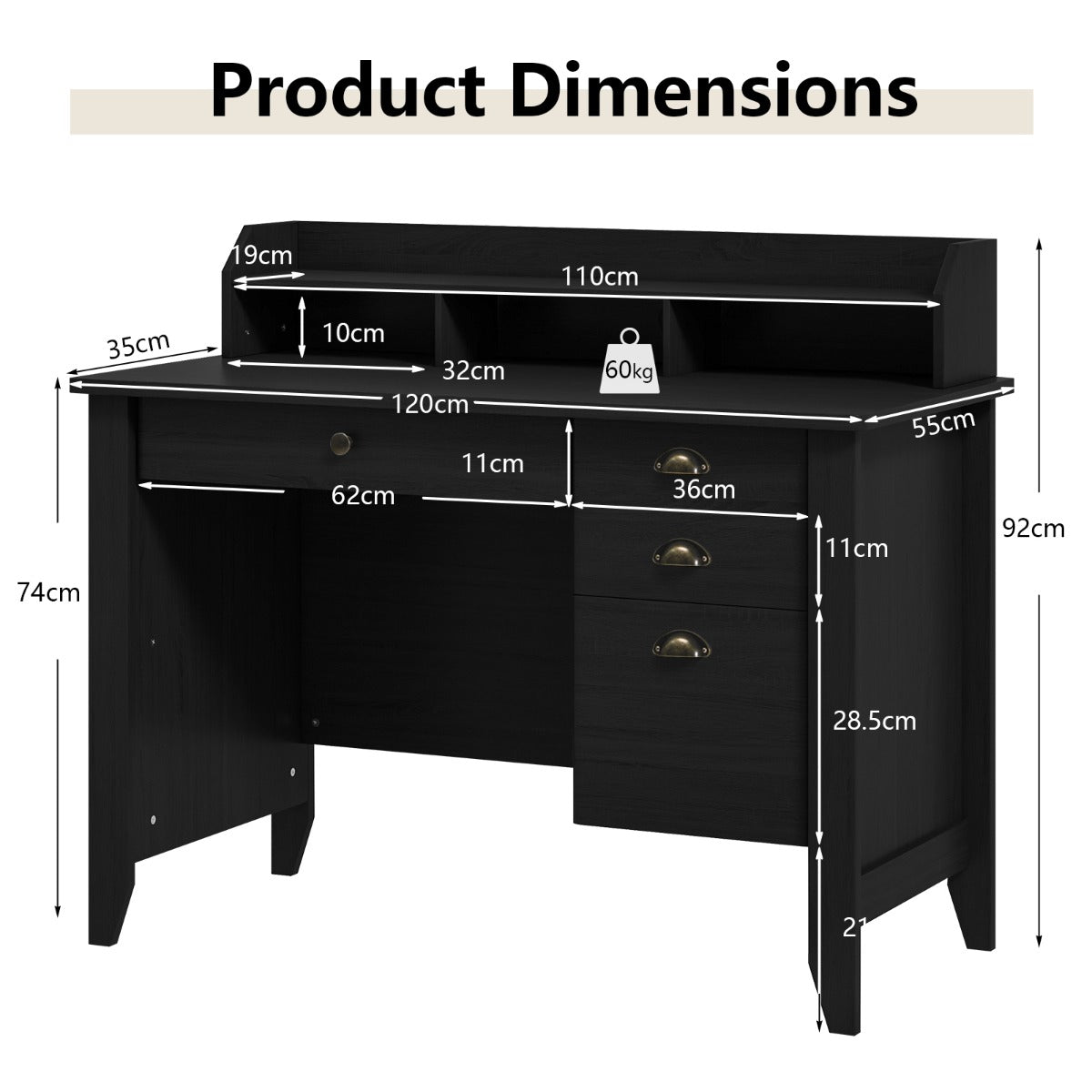 NNECW 120 CM Computer Desk with 4 Storage Drawers &amp;amp; Hutch for Home Office-Black-3