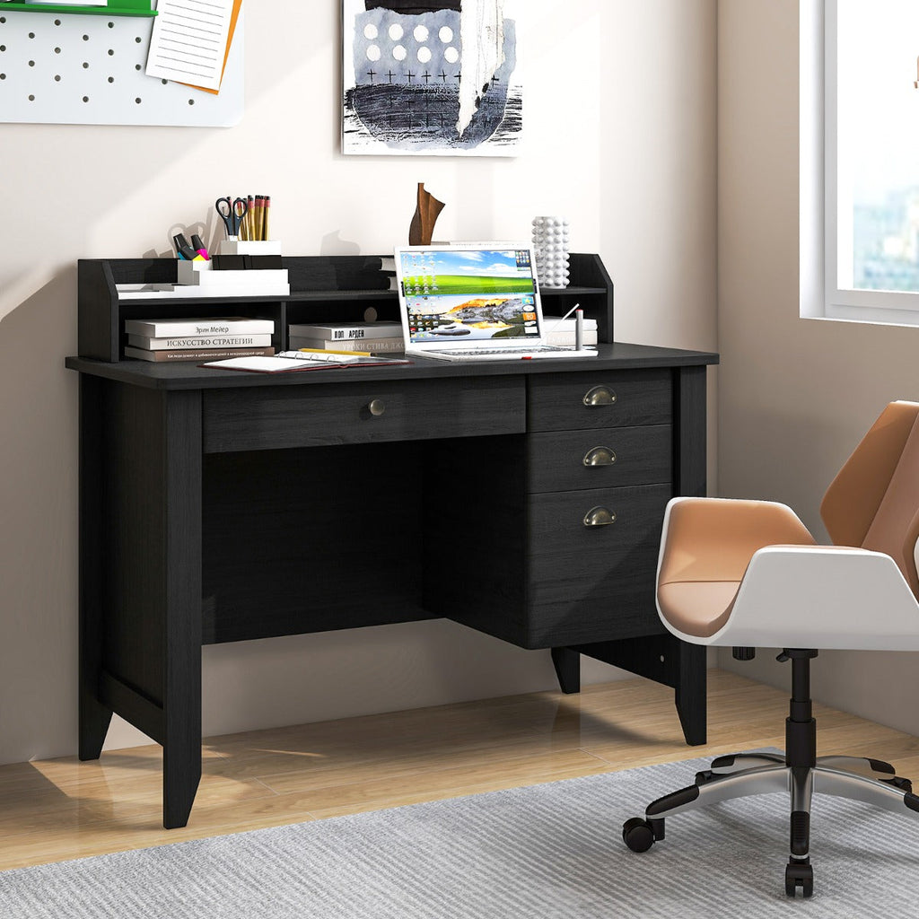NNECW 120 CM Computer Desk with 4 Storage Drawers &amp;amp; Hutch for Home Office-Black-0