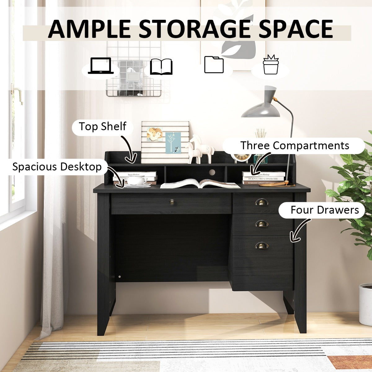 NNECW 120 CM Computer Desk with 4 Storage Drawers &amp;amp; Hutch for Home Office-Black-2