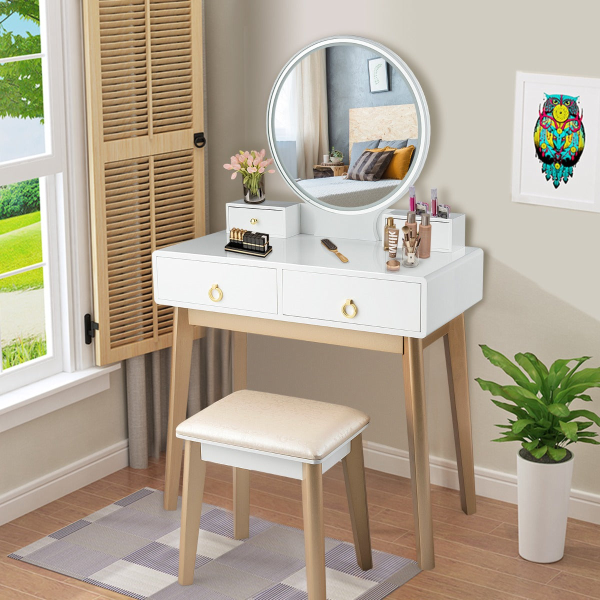 NNECW Dressing Table Stool Set with Makeup Mirror for Bedroom-White-4