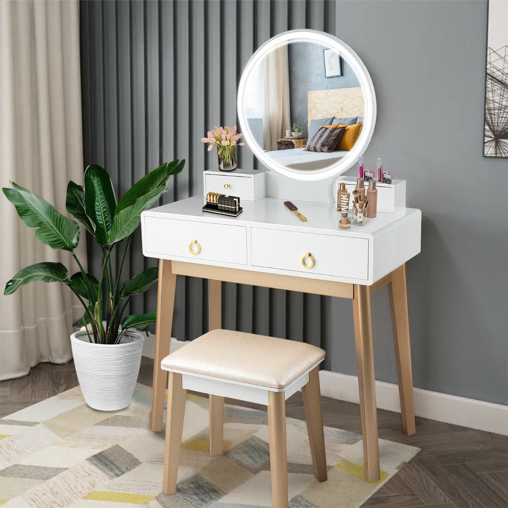 NNECW Dressing Table Stool Set with Makeup Mirror for Bedroom-White-0