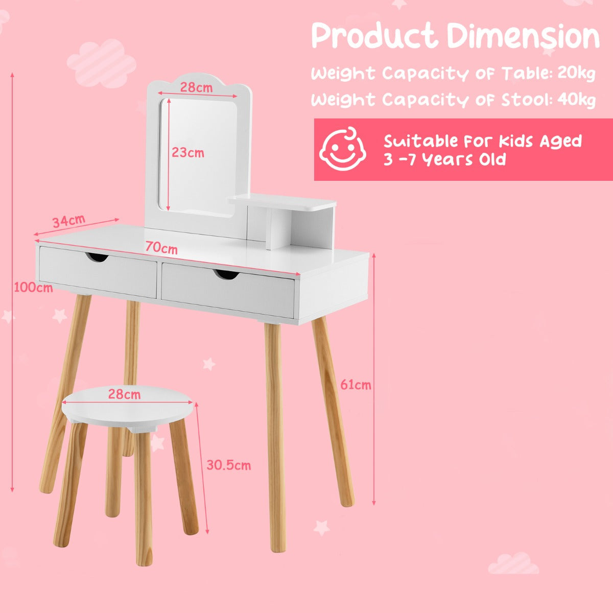 NNECW 2-in-1 Kids' Vanity Set with 1 Rectangular Mirror & 2 Large Drawers-3