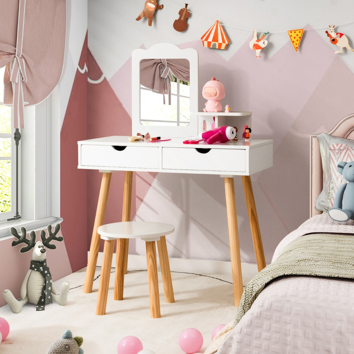 NNECW 2-in-1 Kids' Vanity Set with 1 Rectangular Mirror & 2 Large Drawers-0