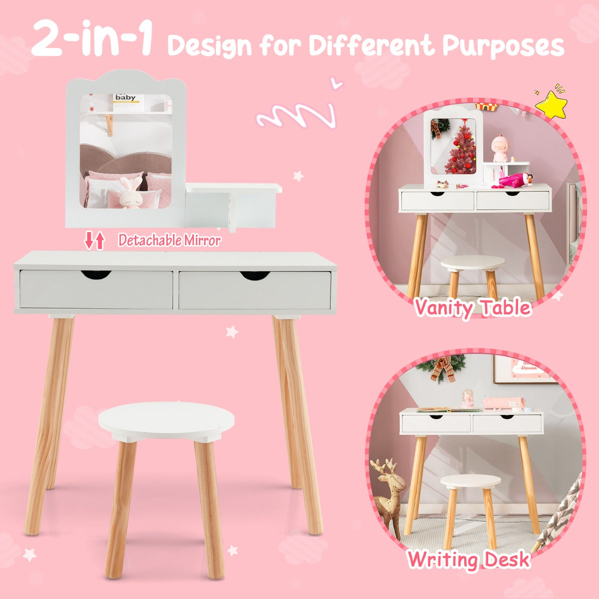 NNECW 2-in-1 Kids' Vanity Set with 1 Rectangular Mirror & 2 Large Drawers-4