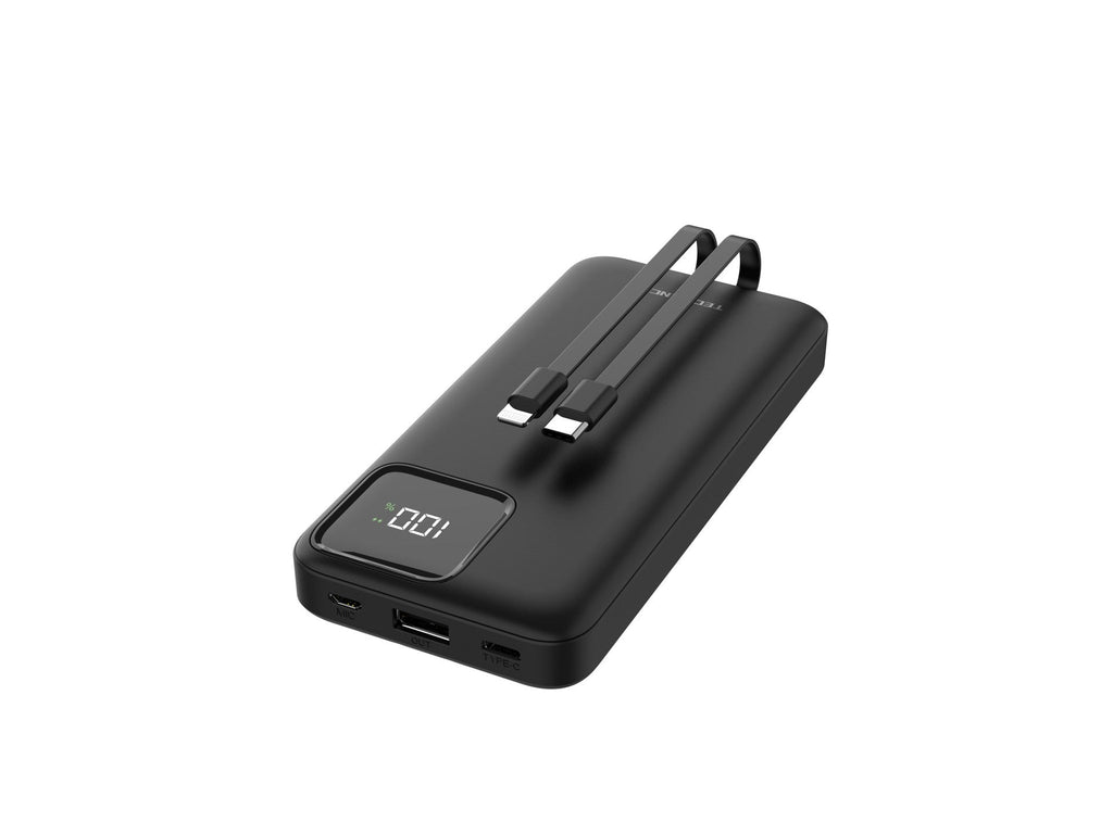 Techancy Mobile Power 10000mah 2.4a Charging TF2783, Cabo De Carregamento 2 Em 1 Usb C+Ip, Ecrã Digital De Energia, Preto