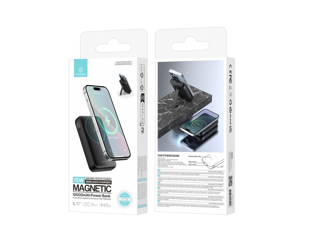 Techancy Power Bank Magnetico TF2786 10000mAh Carregamento Rapido Sem Fios 15W PD 20W Compativel com MagSafe Suporte Integrado Ecrã LED Preto
