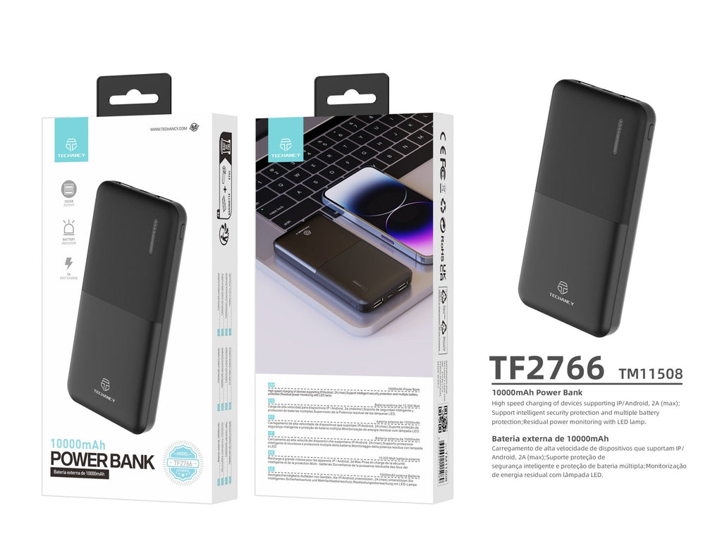 Techancy 10000mah Power Bank Preto TF2766，Carregamento Rápido De 2a, 2 Saídas Usb Para Telemóvel/Tablet.