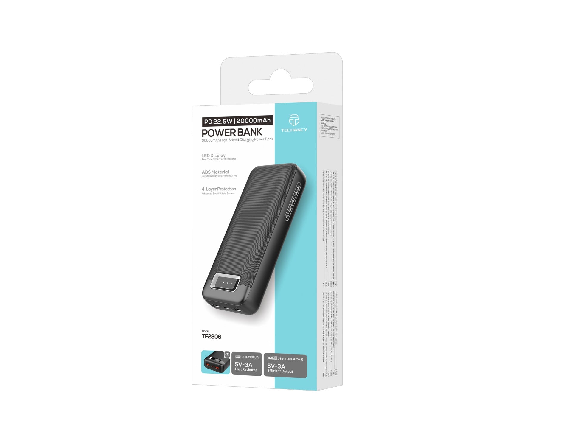 Techancy Power Bank 20000mAh TF2806 PD 22.5W com USB-C e 2 USB, Indicador LED, Compativel com Telemoveis e Tablets, Preto