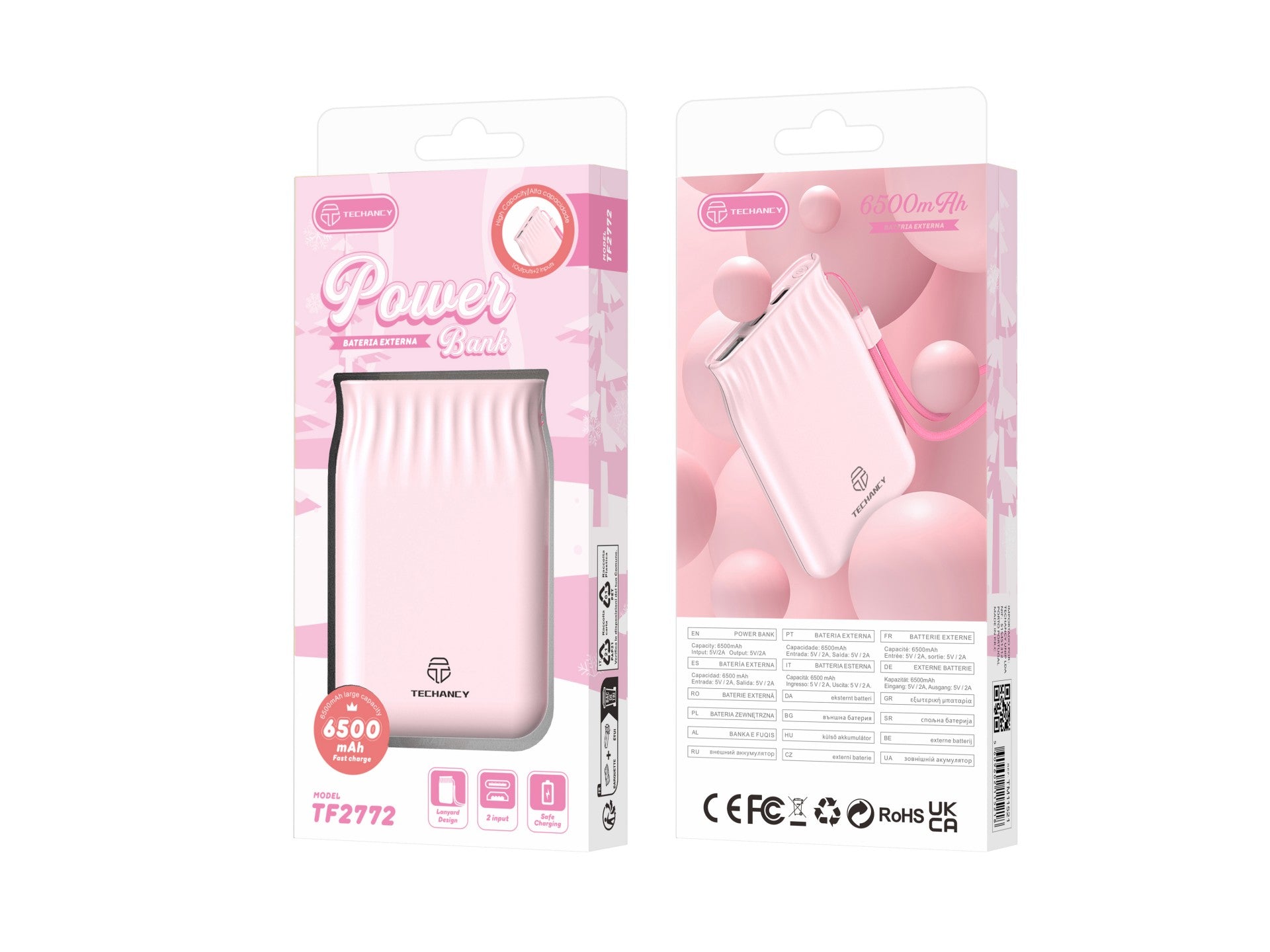 Techancy 6500mah Power Bank Rosa TF2772，Carregamento De Telemóvel/Tablet Compatível Com 2A, Fonte De Alimentação Portátil