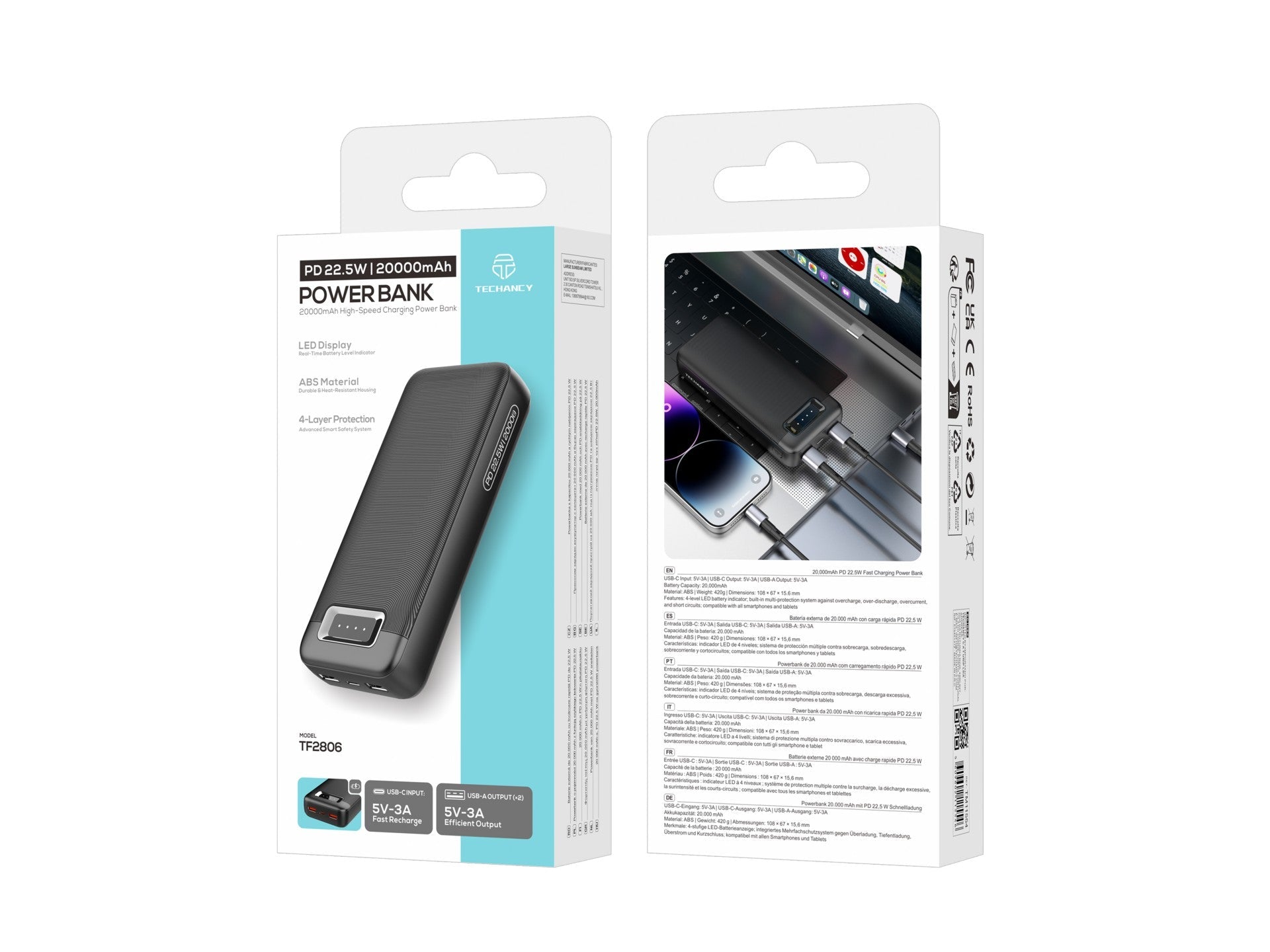 Techancy Power Bank 20000mAh TF2806 PD 22.5W com USB-C e 2 USB, Indicador LED, Compativel com Telemoveis e Tablets, Preto