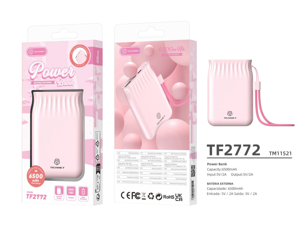 Techancy 6500mah Power Bank Rosa TF2772，Carregamento De Telemóvel/Tablet Compatível Com 2A, Fonte De Alimentação Portátil