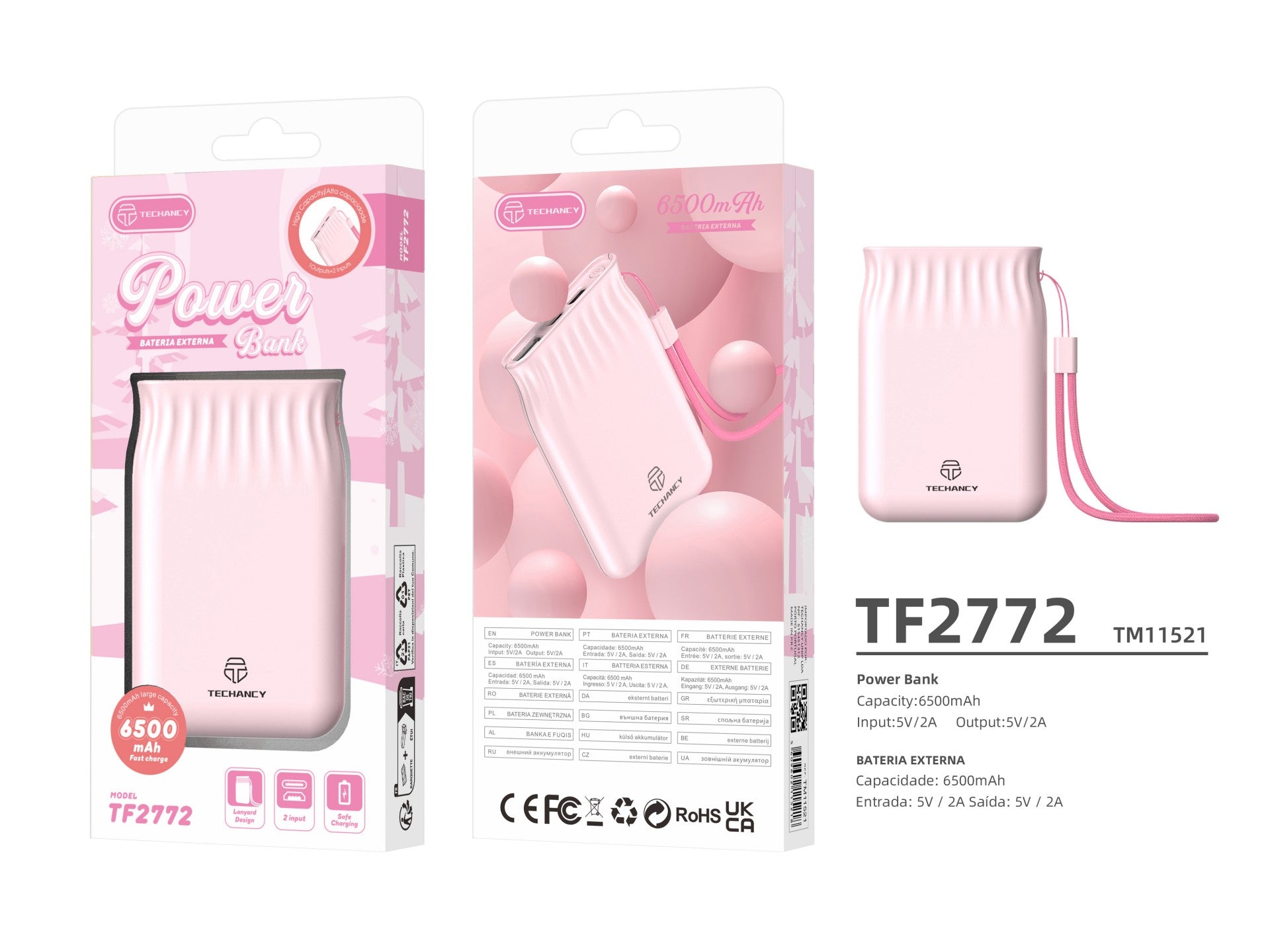 Techancy 6500mah Power Bank Rosa TF2772，Carregamento De Telemóvel/Tablet Compatível Com 2A, Fonte De Alimentação Portátil
