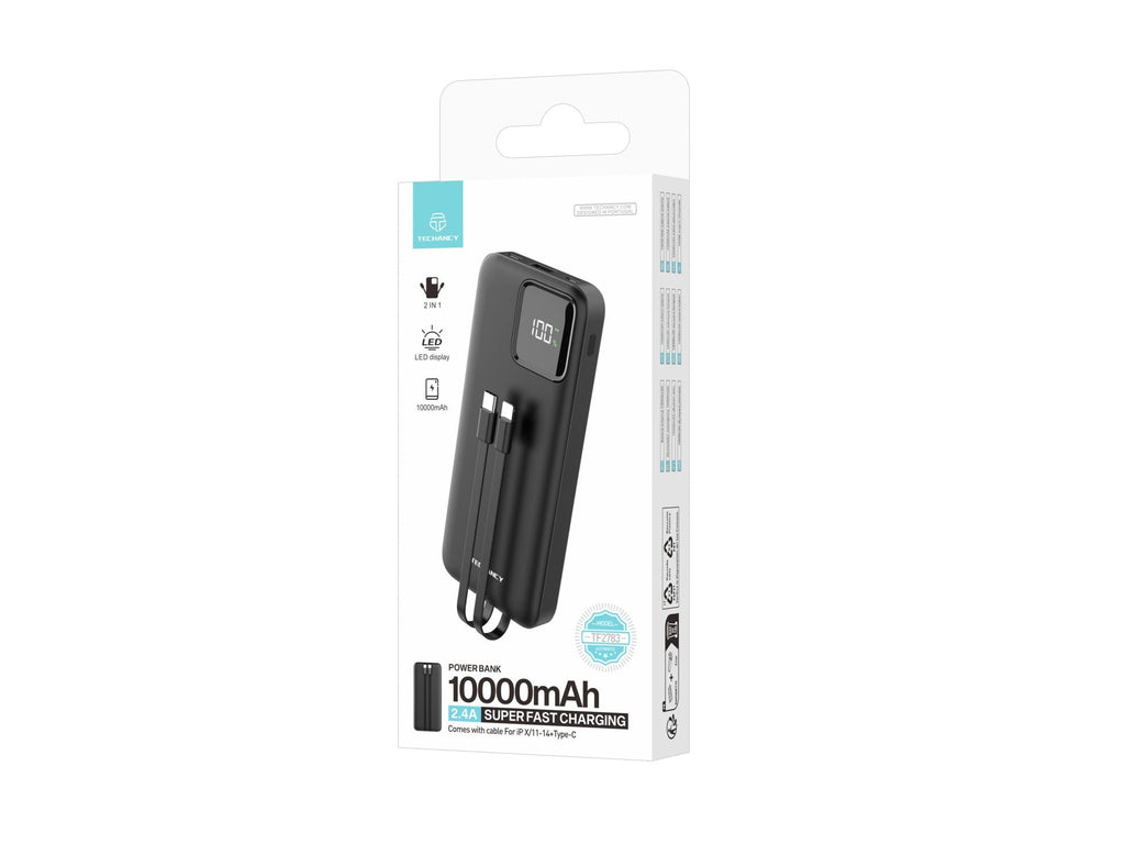 Techancy Mobile Power 10000mah 2.4a Charging TF2783, Cabo De Carregamento 2 Em 1 Usb C+Ip, Ecrã Digital De Energia, Preto