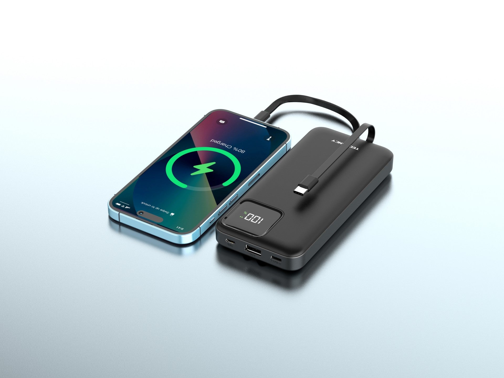 Techancy Mobile Power 10000mah 2.4a Charging TF2783, Cabo De Carregamento 2 Em 1 Usb C+Ip, Ecrã Digital De Energia, Preto