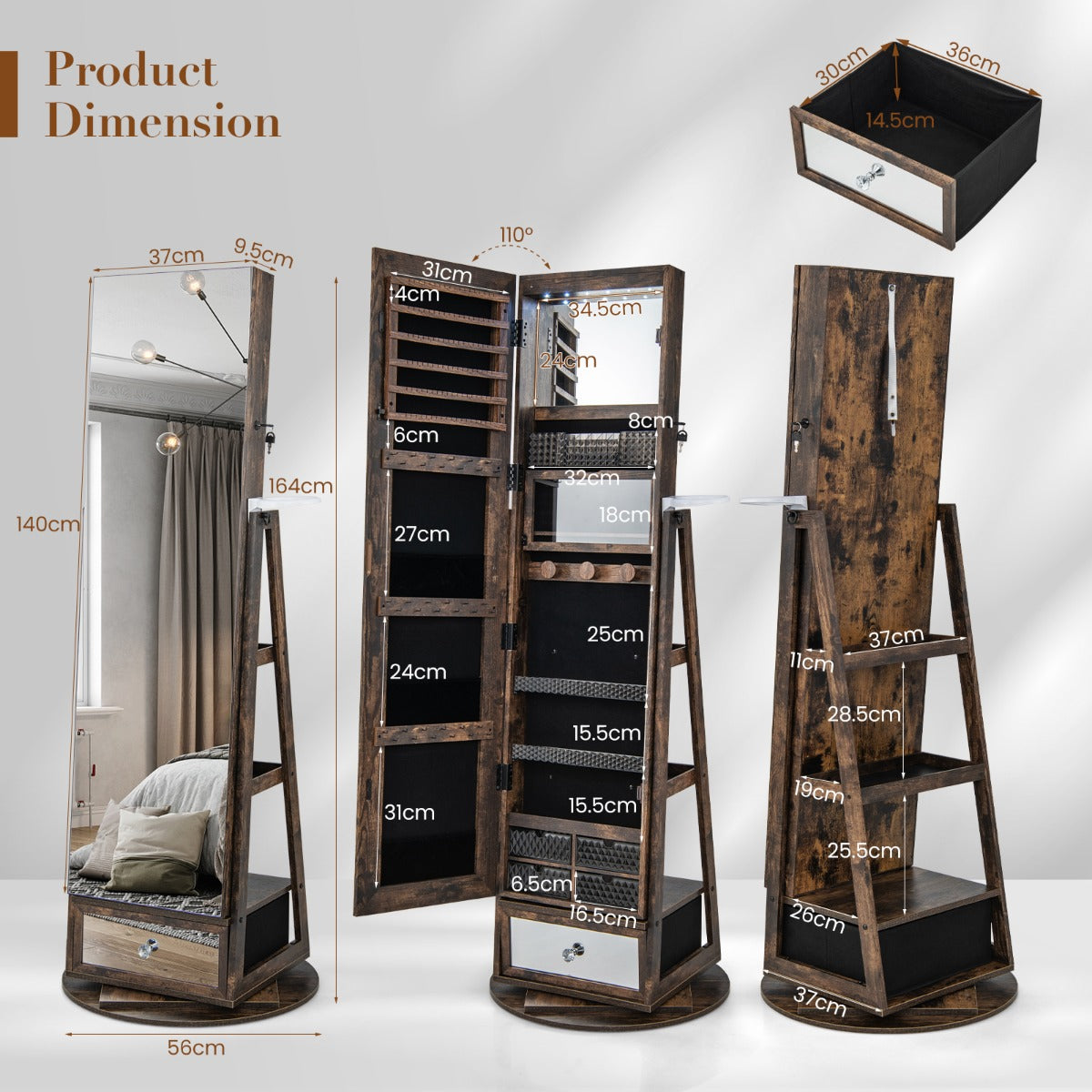 NNECW Swivel Jewelry Cabinet with Full-Length Mirror for Bedroom-Coffee-4