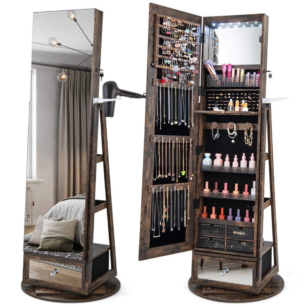 NNECW Swivel Jewelry Cabinet with Full-Length Mirror for Bedroom-Coffee-1