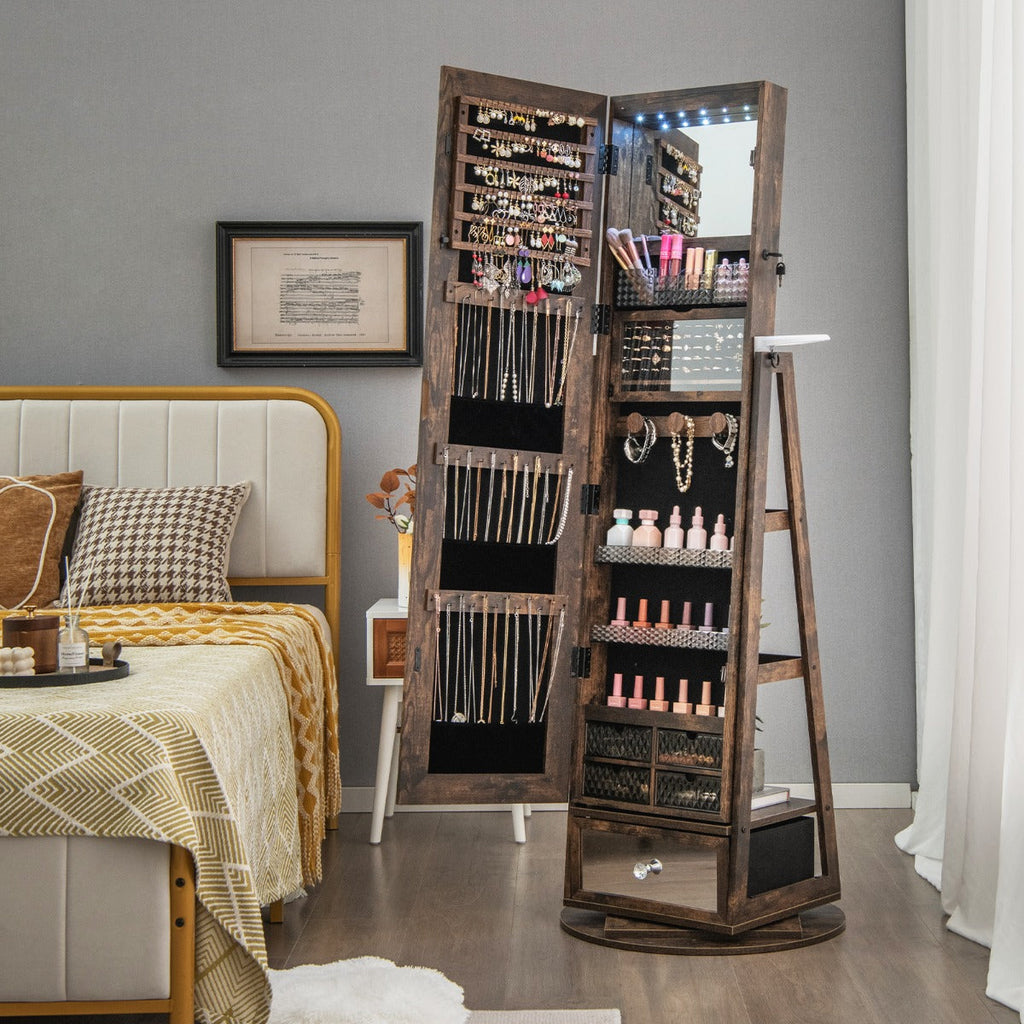 NNECW Swivel Jewelry Cabinet with Full-Length Mirror for Bedroom-Coffee-0